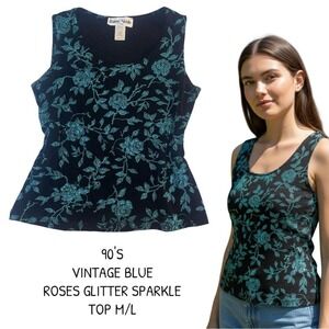 90'S VINTAGE BLUE ROSES SPARKLE GLITTER TOP M/L EUC